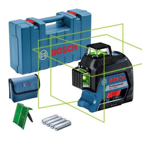 BOSCH 0601063Y00 GLL 3-80 G zöld Vonallézer kofferben + 4 db 1,5 V-os LR6 (AA) + Lézer céltábla + Szerszámkoffer