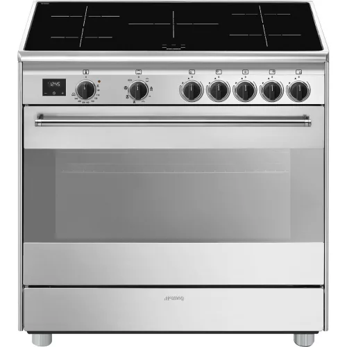 SMEG SZABADONÁLLÓ TŰZHELY, Classica design, 90 cm, 1 sütőtér, indukciós főzőlap, matt fekete gombok, inox